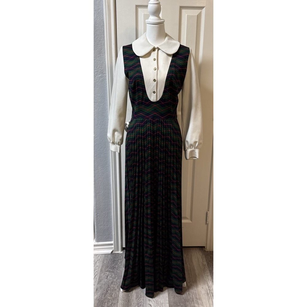 VTG Leslie Fay Plaid Prairie Maxi Dress Peter Pan Collar Pleated Long Sleeve S